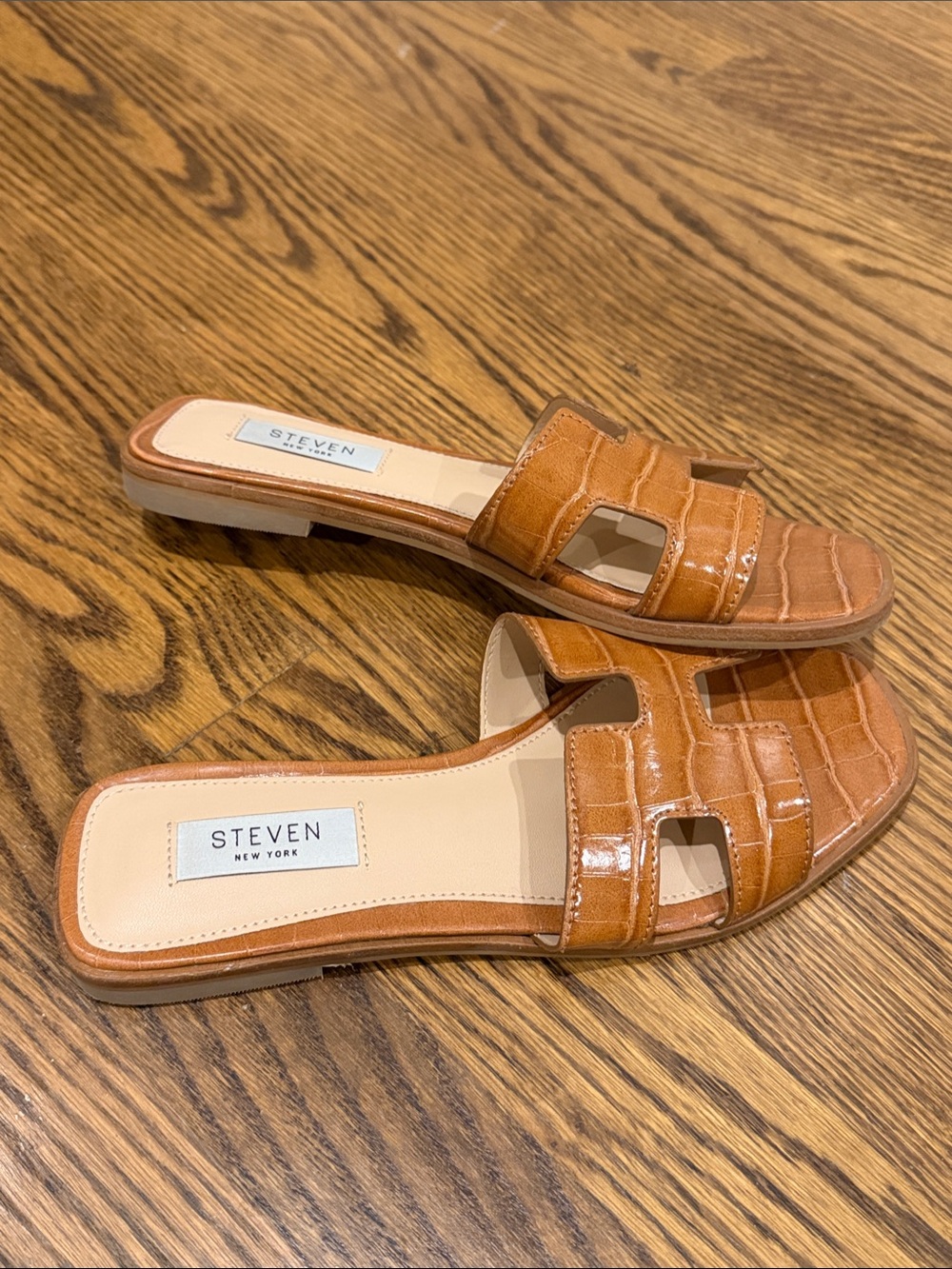Steven By Steve Madden Croc-Embossed Cognac Slide Sandals